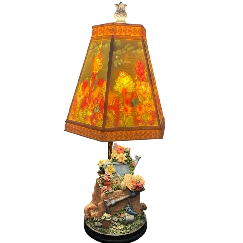 VTG  Lamp Etched Molded Plastic/ Celluloid Shade - Garden Scene Base-Works